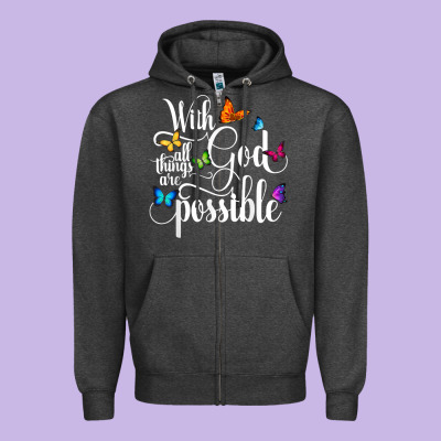 With God All Things Are Possible  Religious Butterfly Art Zipper Hoodie Designed By Inspiradesign