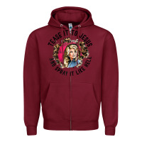 Burgundy tease it to jesus and spray it like hell leopard western raglan baseba Zipper Hoodie - ArtChic