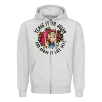 Dove Grey tease it to jesus and spray it like hell leopard western raglan baseba Zipper Hoodie - ArtChic