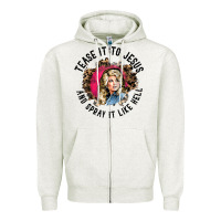 Oatmeal Heather tease it to jesus and spray it like hell leopard western raglan baseba Zipper Hoodie - ArtChic