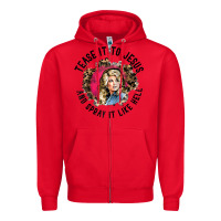 Red tease it to jesus and spray it like hell leopard western raglan baseba Zipper Hoodie - ArtChic