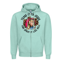 Seafoam tease it to jesus and spray it like hell leopard western raglan baseba Zipper Hoodie - ArtChic
