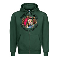 Sports Green tease it to jesus and spray it like hell leopard western raglan baseba Zipper Hoodie - ArtChic