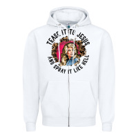 White tease it to jesus and spray it like hell leopard western raglan baseba Zipper Hoodie - ArtChic