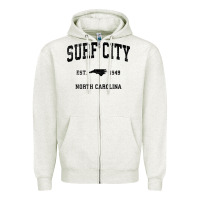 Oatmeal Heather Surf City North Carolina Nc Vintage Sports Design Black Prin Zipper Hoodie - StudioElite