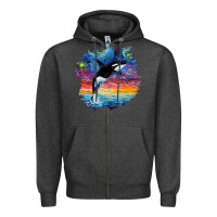 Charcoal Heather Orca Killer Whale Starry Night Impressionist Dog Art By Aja Zipper Hoodie - PixelFlow