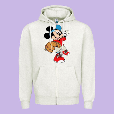 Micky-playing-baseball-cartoon-illustration-- Zipper Hoodie Designed By Pixelflow
