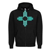 Black New Mexico Zia Sun in Turquoise Blue Zipper Hoodie - PixelFlow