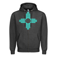 Charcoal Heather New Mexico Zia Sun in Turquoise Blue Zipper Hoodie - PixelFlow