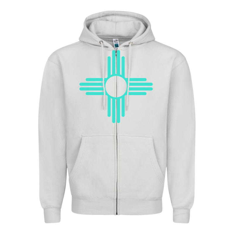 New Mexico Zia Sun In Turquoise Blue Zipper Hoodie by PixelFlow | Teevron