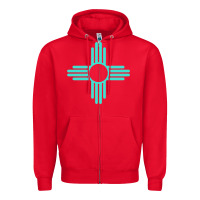 Red New Mexico Zia Sun in Turquoise Blue Zipper Hoodie - PixelFlow