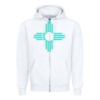 White New Mexico Zia Sun in Turquoise Blue Zipper Hoodie - PixelFlow