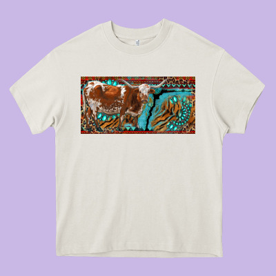 Texas Longhorn With Aztec Tiger And  Leopard Heavy Core Tee Designed By Ranaportraitstore