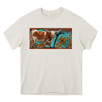 Cream texas longhorn with aztec tiger and  leopard Heavy Core Tee - RanaPortraitStore