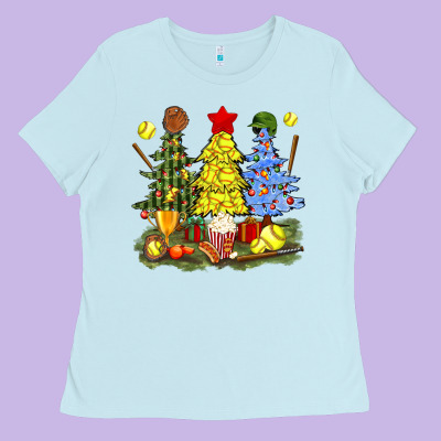 Christmas With Softball Trees Bbs Ladies Tee Designed By Bundleandbundleshop