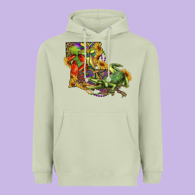 Louisiana Map With Mardi Gras Crocodile Heavyweight Hoodie Designed By Ranaportraitstore