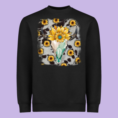 Cowhide Sunflower Gemstone Bull Skull Heavyweight Sweatshirt Designed By Jahusdesignshop
