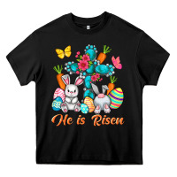 Black He is risen with Cross Easter Day Heavy Core Tee - HowdyJamesFarm