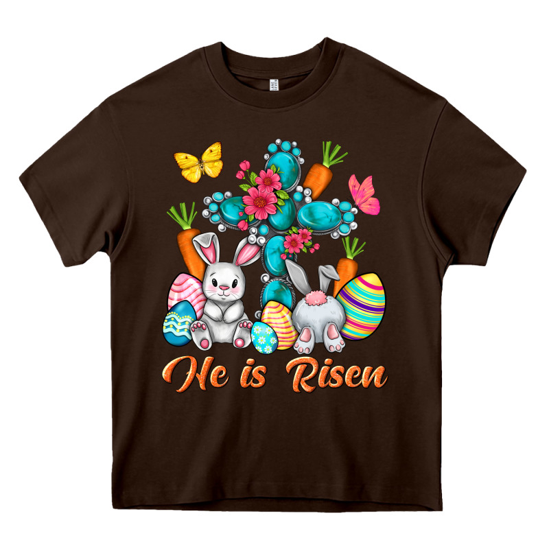 He Is Risen With Cross Easter Day Heavy Core Tee by HowdyJamesFarm | Teevron