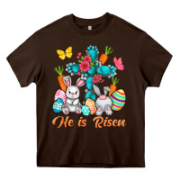 Chocolate Brown He is risen with Cross Easter Day Heavy Core Tee - HowdyJamesFarm