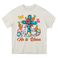 Cream He is risen with Cross Easter Day Heavy Core Tee - HowdyJamesFarm