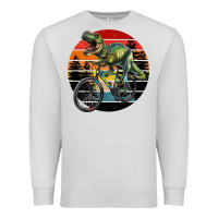 Dove Grey t rex dinosaur riding bicycle with retro forest sunset Premium Sweatshirt - RanaPortraitStore