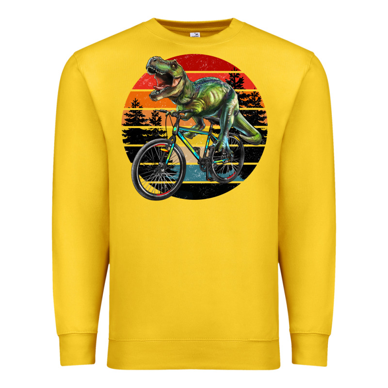 T Rex Dinosaur Riding Bicycle With Retro Forest Sunset Premium Sweatshirt by RanaPortraitStore | Teevron