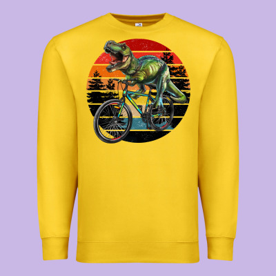 T Rex Dinosaur Riding Bicycle With Retro Forest Sunset Premium Sweatshirt Designed By Ranaportraitstore