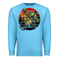 Ocean Blue t rex dinosaur riding bicycle with retro forest sunset Premium Sweatshirt - RanaPortraitStore