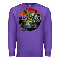 Purple t rex dinosaur riding bicycle with retro forest sunset Premium Sweatshirt - RanaPortraitStore