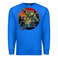 True Royal t rex dinosaur riding bicycle with retro forest sunset Premium Sweatshirt - RanaPortraitStore