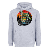 Heather Grey t rex dinosaur riding bicycle with retro forest sunset Heavyweight Hoodie - RanaPortraitStore