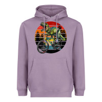 Lavender t rex dinosaur riding bicycle with retro forest sunset Heavyweight Hoodie - RanaPortraitStore
