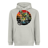 Moon Dust t rex dinosaur riding bicycle with retro forest sunset Heavyweight Hoodie - RanaPortraitStore