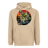Mushroom t rex dinosaur riding bicycle with retro forest sunset Heavyweight Hoodie - RanaPortraitStore