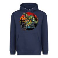 Navy t rex dinosaur riding bicycle with retro forest sunset Heavyweight Hoodie - RanaPortraitStore