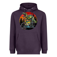 Plum t rex dinosaur riding bicycle with retro forest sunset Heavyweight Hoodie - RanaPortraitStore