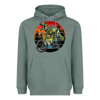 Sage t rex dinosaur riding bicycle with retro forest sunset Heavyweight Hoodie - RanaPortraitStore