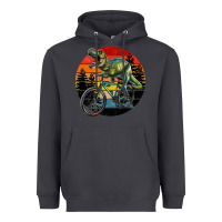 Smoke t rex dinosaur riding bicycle with retro forest sunset Heavyweight Hoodie - RanaPortraitStore