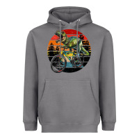 Storm t rex dinosaur riding bicycle with retro forest sunset Heavyweight Hoodie - RanaPortraitStore