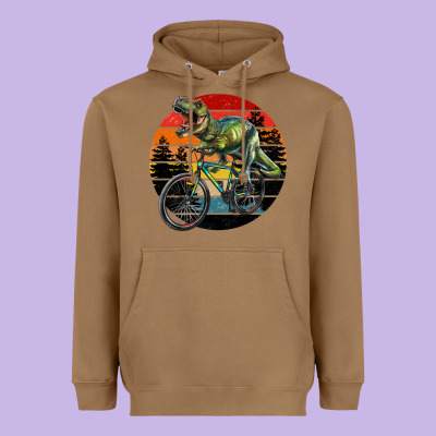 T Rex Dinosaur Riding Bicycle With Retro Forest Sunset Heavyweight Hoodie Designed By Ranaportraitstore