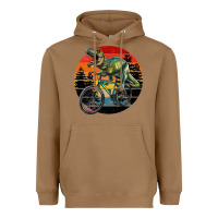 Toasted Coconut t rex dinosaur riding bicycle with retro forest sunset Heavyweight Hoodie - RanaPortraitStore
