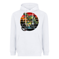 White t rex dinosaur riding bicycle with retro forest sunset Heavyweight Hoodie - RanaPortraitStore