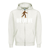 Oatmeal Heather believe bigfoot white Zipper Hoodie - artisFamous