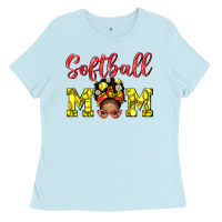 Baby Blue softball mom  and afro messybun mom bbs Ladies Tee - BundleAndBundleShop