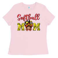 Bubblegum Pink softball mom  and afro messybun mom bbs Ladies Tee - BundleAndBundleShop