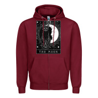 Burgundy tarot card crescent moon and cat graphic Zipper Hoodie - artisFamous