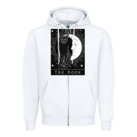 White tarot card crescent moon and cat graphic Zipper Hoodie - artisFamous