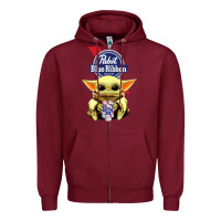 Burgundy Baby Yoda Hugs Pabst Blue Ribbon Beer Zipper Hoodie - artisFamous