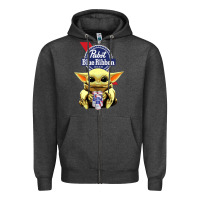 Charcoal Heather Baby Yoda Hugs Pabst Blue Ribbon Beer Zipper Hoodie - artisFamous